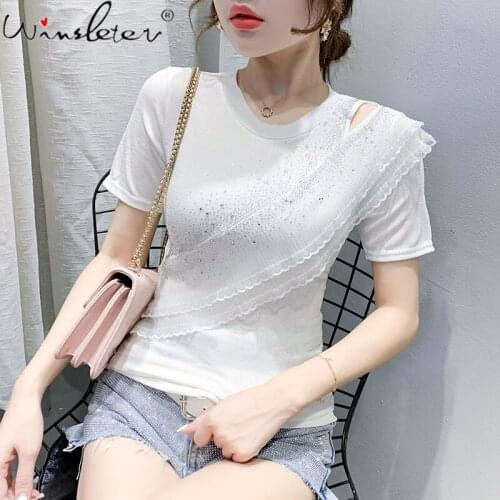 Summer European Clothes T-Shirt Fashion Sexy Diamonds Ruffles Women Tops Short Sleeve Cotton Bottoming Shirt Tees 2021 T14307A