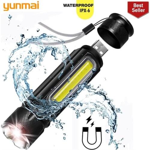 Yunmai Multifunctional LED Flashlight USB Rechargeable battery Powerful T6 torch Side COB Light Flashlight tail magnet WorkLight