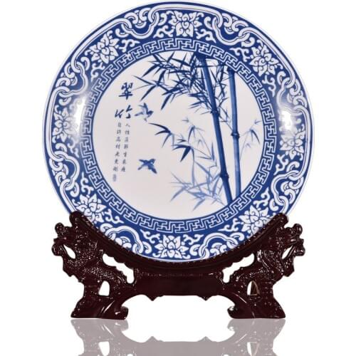 New Design Art Ceramic Ornamental Plate Blue And White Bamboo Orchid Decoration Plate Wood Base Porcelain Plate Set Wedding Gift