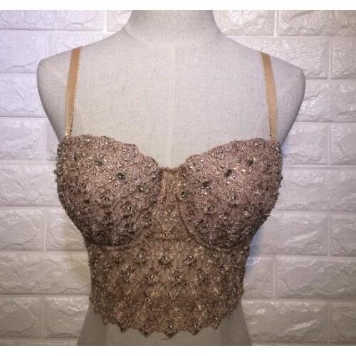 Mesh Lace Bead Bustier Pearls Diamond Push Up Night Club Bralette Womens Bra Cropped Top Vest Corset Plus Size