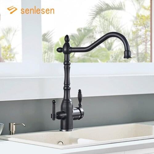 Senlesen Pure Water Kitchen Faucet Black Brass Double Water Outlet Modes Double Handles Deck Mounted Tap Hot and Cold Water