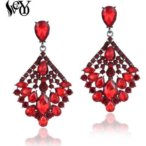VEYO Luxury Rhinestone Crystal Drop Earrings Red Color Bridal Big Dangle Earrings For Women Gift