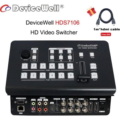 DeviceWell HDS7106 HD Video Switcher 6 Channel 4 SDI 2 HDMI inputs Multiview Switcher for New Media Live Stream Broadcast TV
