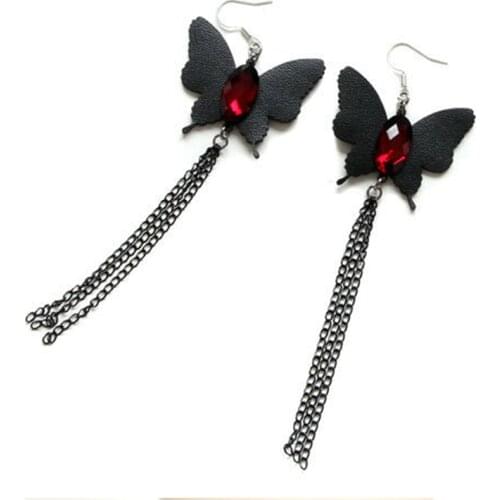 Gothic Black Butterfly Dangle Earrings For Women Leather Vintage Fashion Creative Nightclub Crystal Tassel Drop Earrings Jewelry