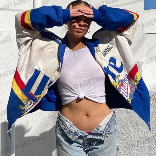 B-TOTO American Retro Blue Stitching Contrast Heavy Industry Motorcycle Jacket Tide Ins Female Jacket 2021