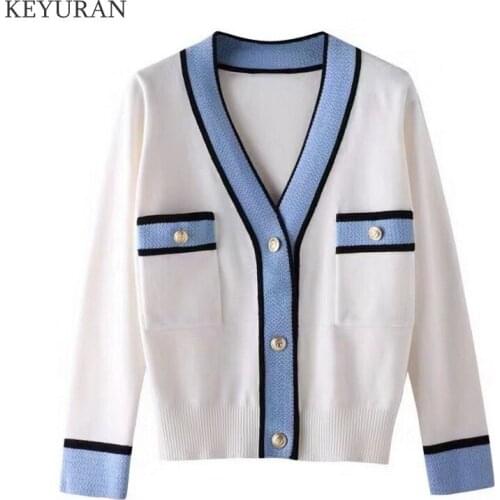 Cardigan Knitted Sweater For Women 2021 Spring Autumn New V Neck Contrast Color Single Breasted Knitted Cardigan Sweater Outwear