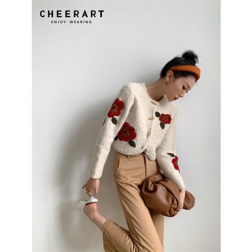 CHEERART Embroidered Sweater Cardigan Women Wool Horn Button Up Crewneck Sweater Khaki Winter Fashion Sweater Coat