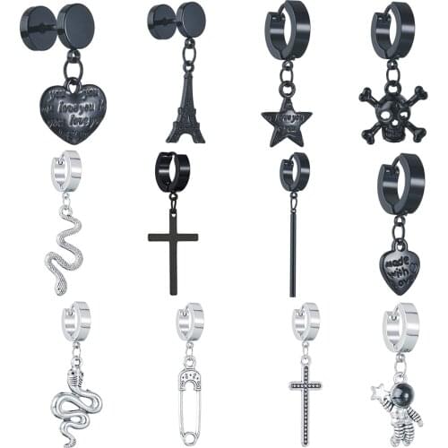 1 Pc Fashion Punk Black Silvery Star/Cross/SkullStainless Steel Stud Earrings For Men Women Hip Hop Gothic Ear Jewelry Gift