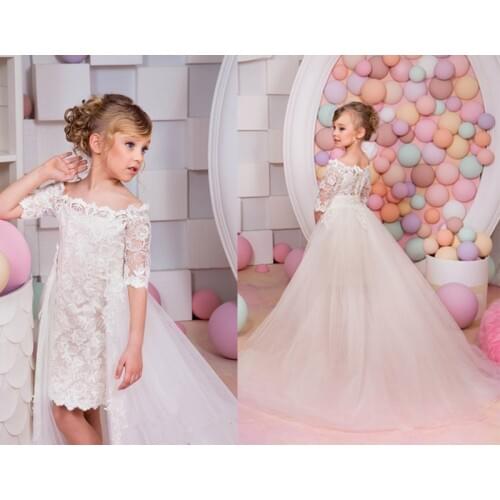 2017 Girls Pageant Dresses Long Trailing Ball Gown White Lace Tutu Little Baby Flower Girl Dresses For Weddings