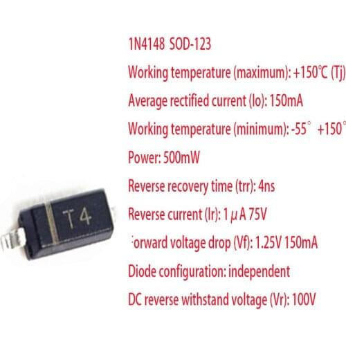 50PCS-3000PCS SMD 1206 Switching Diode100V 150mA 1N4148 Screen Printing T4 SOD-123
