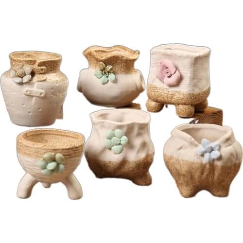 6pcs/set Two-color Ceramic Flowerpot Korean Style Hand Painted Succulent Plant Pot Balcony Decor Desktop Ornaments Home Garden