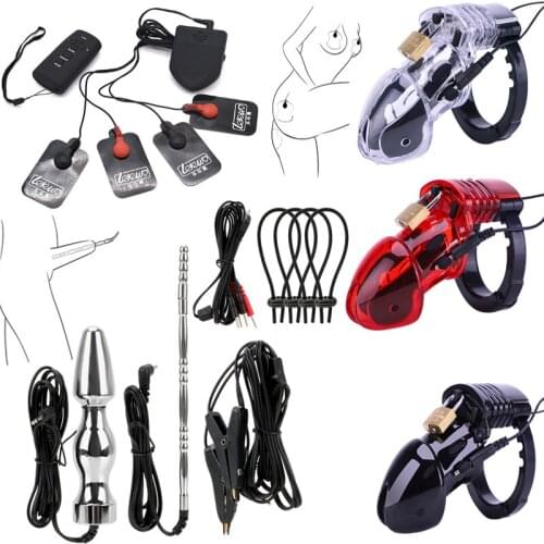 Wireless Remote Host Electro Shock kit,Electro Stimulation Big Anal Plug Penis Ring Nipple Clamp SM Male Chastity Cock Cage Toys