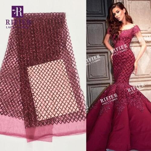 Burgundy Sequins African Nigerian Mesh For Noble Lady Prom Wedding Bride Dresses Nigerian Women Laces 2019 Latest Sequined Mesh