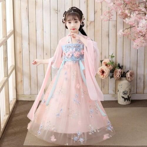 Ancient Chinese Pink Fllower Beading Costume Child Kid Fairy Dress Cosplay Hanfu Folk Dance Performance Clothing Traditional Dre