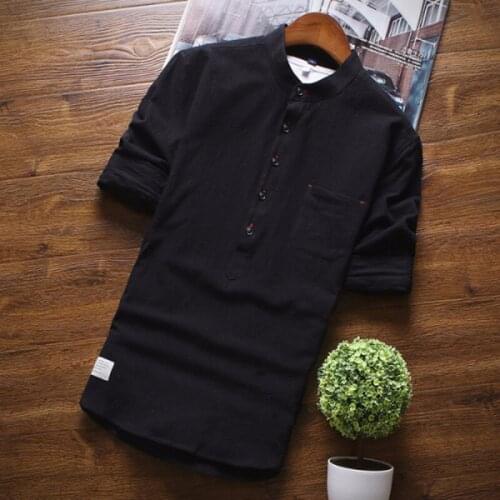 Mens Chinese Stand Collar Slim Three Quarter Shirts Fashion Solid Color Casual Shirt S-3Xl 5 Color 2021 New Cotton Linen