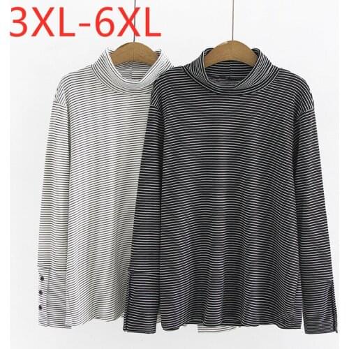 New 2021 Autumn Winter Plus Size Basic Tops For Women Large Long Sleeve Slim Elastic Stripe Turtleneck T-Shirt 3XL 4XL 5XL 6XL