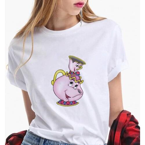 Mrs.Potts and Her Son Print Women T Shirt Summer Short Sleeve Casual White O-neck Tshirts Beauty and The Beast Harajuku T-shirts