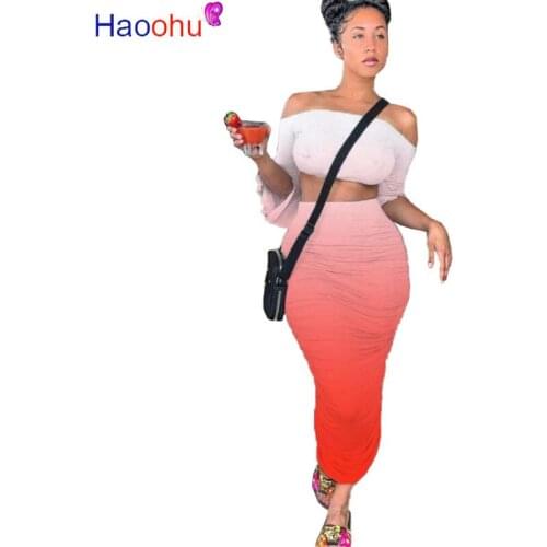 HAOOHU Women Sexy Gradient Print Two Piece Set Off Shoulder Crop Top Stacked Midi Maxi Skirt Suit Sexy Beach Tracksuit Outfit