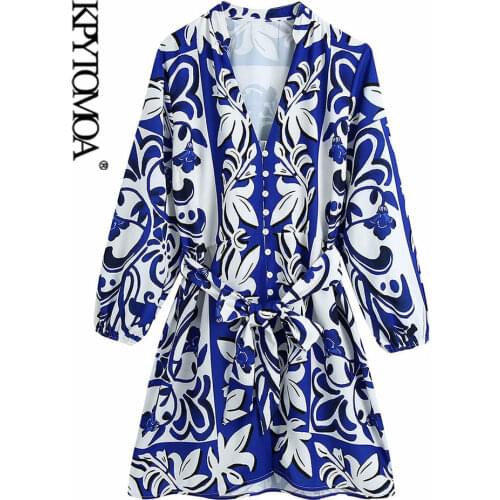 KPYTOMOA Women 2021 Fashion With Belt Totem Print Mini Shirt Dress Vintage Three Quarter Sleeve Button-up Female Dresses Mujer