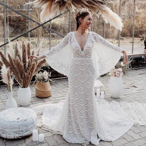 Mermaid Lace wedding Dresses Flare sleeve Bohemian Beach Bridal gowns Vestido de noivas Chic DW260