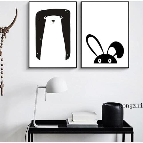 Minimalist Black and White Cartoon Bear Rabbit Cat Posters Animal Canvas Painting and Prints Wall Art Pictures Kids Room Decor