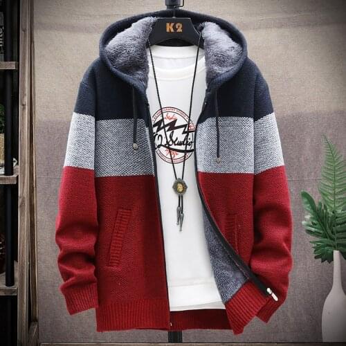 2021 Autumn Korean Hooded Mens Sweaters with Thick and Velvet Mens Cardigan Knitted Sweatercoats Patchwork Jacket Male M-4XL
