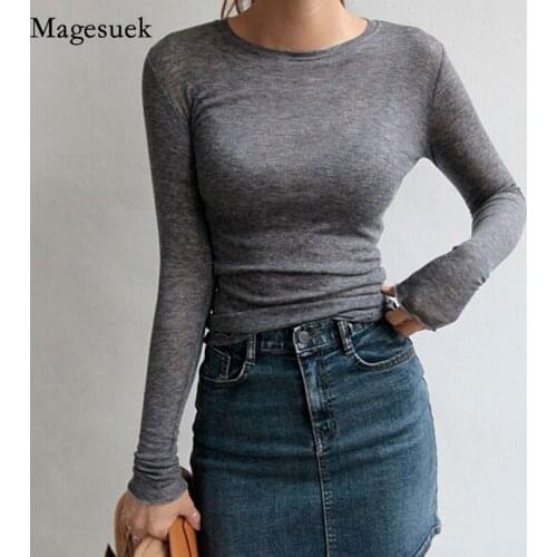 New Cotton Elastic Basic T-shirts Sexy Slim High Quality Solid T Shirt Women Casual Tops Thin See Through T-shirt Female 6006