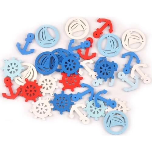 Blue Anchor/ship/rudder Pattern Wood Decoration For Home Drop Hanging DIY Crafts Scrapbooking Embellishments 50pcs 20-35mm M1993