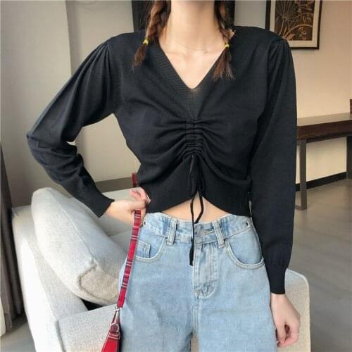 Women Sweater Knitted Thin Tops Spring Autumn Short V Neck Pullovers Sweet Drawstring Sweater Muje Long Sleeve Ladies Crop Tops