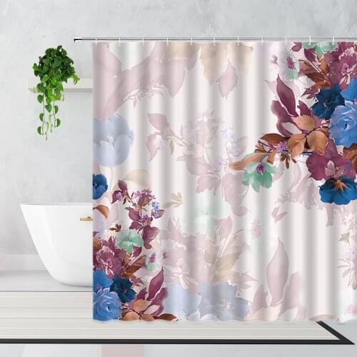 3D Blue Flowers Shower Curtain Purple Pink Yellow Hand-Painted Flower Waterproof Bathtub Screen Garden Wall Decoration With Hook
