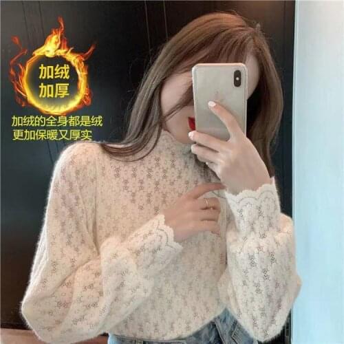Women Blouse Autumn Winter Coat Womens Turtleneck Puff Sleeve Lace Blusas Ropa De Mujer