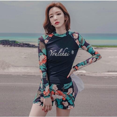 2021 2 Pieces Surfing Suits Women Fast Dry Breathable Swimsuits Floral Print Swimwear Girls Pool Beach Surfing Wear Long Sleeve