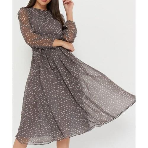 Long-sleeved Coffee Color Black Chiffon Dress Printed Lace Polka Dot Dress 2021 Spring and Summer Womens