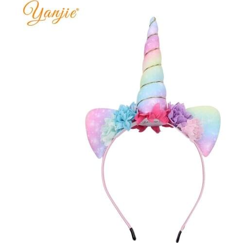 2021 New Arrival Waffle Unicorn Headband Rainbow Fabric Horse Horn Ears Flower Headband DIY Girls Hair Accessories Mujer