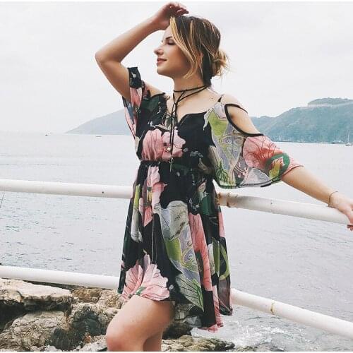 Large Size V-Neck Off-The-Shoulder Suspender Skirt Printed Waist Ruffled Chiffon Dress Beach Skirt Summer Dress