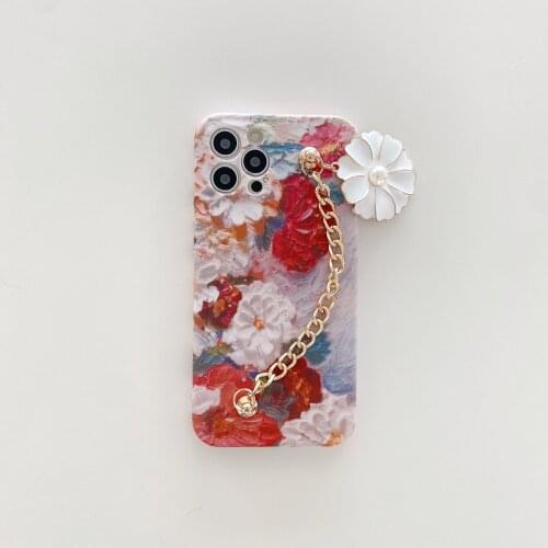 Rose Painting Dangle Wrist Chain Case for iPhone 12 Pro Max Back Phone Cover for 12 Mini 11 Pro Max X XS XR 8 7 Plus SE 2020