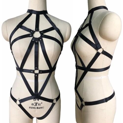 Black Body Harness Set Goth Sexy Lingerie Harness Woman Top Cage Bra Rivet Hollow body Cage Bondage Belt