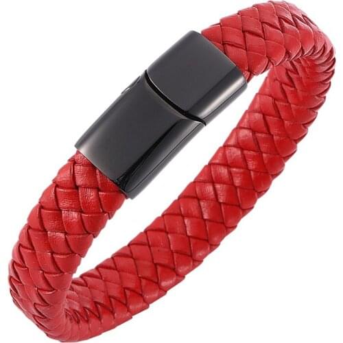 Red Braided Leather Bracelet Men Jewelry Stainless Steel Magnetic Clasp Fashion Bangles Gifts pulsera hombre
