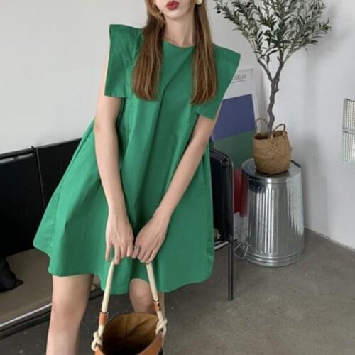 2021 Summer Candy Colors Women Dresses Flying Sleeve Loose Waist Oversized Green White Black Mini Dress Party Night Vestidos