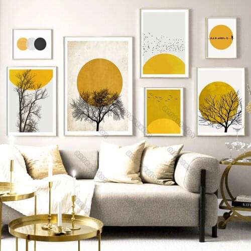 Minimalist Decoration Yellow Pictures Little Balls Canvas Painting Wall Poster Nordic Style Art Trees Geese Home Rooms Decorati