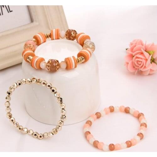 Fashion Round Beaded Glass Bracelets Bangle Set 3Pcs/set for Women Metal Bohemian Elastic Party Bracelet Simple Jewelry Gift INS