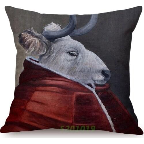 Old ox Animal Vintage Portrait Oil Painting Art Home Decorative Pillow Cover Interesting Napoleon Dog Elk Car Sofa Cushion Cover