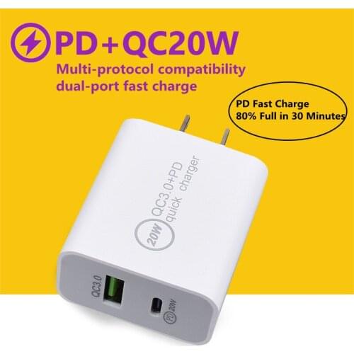 2021 New PD20W+QC3.0 USB Fast Charge Mobile Phone Charger USB With PD Charging Head For iPhone 12 11 X XS XR 8 Samsung Xiaomi