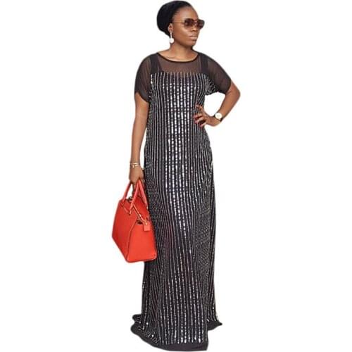 New Fashion African Women Dashiki Luxury Sequins Hot Drilling Sexy Party Long Dress Short Sleeve Elegant Africa Clothing Robe