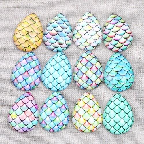 Reidgaller 20pcs mixed scale pattern photo teardrop glass cabochon 18x25mm diy jewelry making components