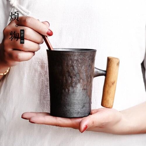 Japanese-style Vintage Ceramic Coffee Mug Tumbler Rust Glaze Tea Milk Beer Mug with Wood Handle Water Cup Home Office Drinkware