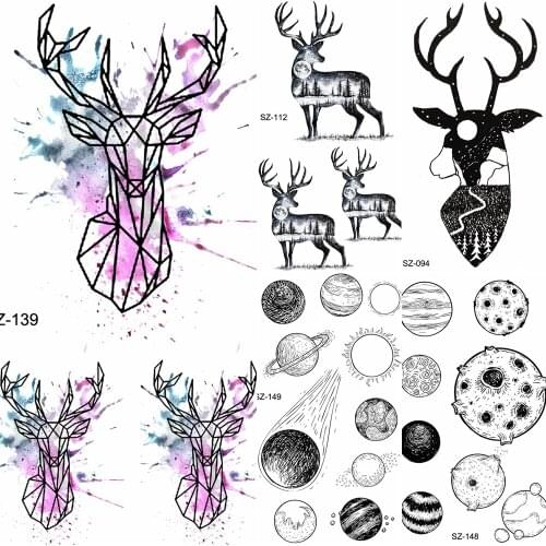 Watercolour Moose Women Tattoos Temporary Men Arm Geometric Elk Waterproof Tatoos Stickers Horn Body Neck Fake Tattoo Paste