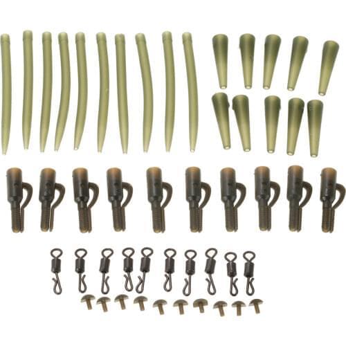 50pcs/10Set Terminal Carp Fishing Tackle Safety Lead Clips with Pins Tail Rubber Tubes Anti Tangle Sleeves Rolling Swivels