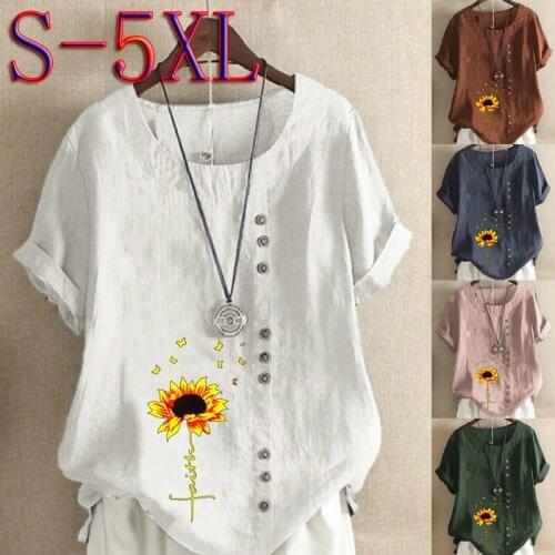 Summer Fashion Short Sleeve Flower Print Women Casual Loose Tops & Blouses Vintage T-shirts Round Neck Plus Size S-5XL