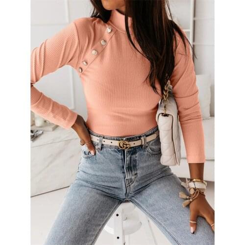 Womens Tops Spring Autumn Solid Color T-Shirts Button Stand Collar Long Sleeve T Shirts Woman Clothing 2021 Causal Slim Y2K Top